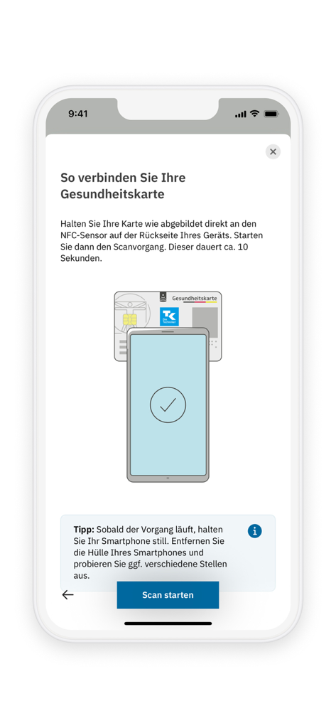 Mobile app tutorial explaining how to scan a health card with NFC technology
