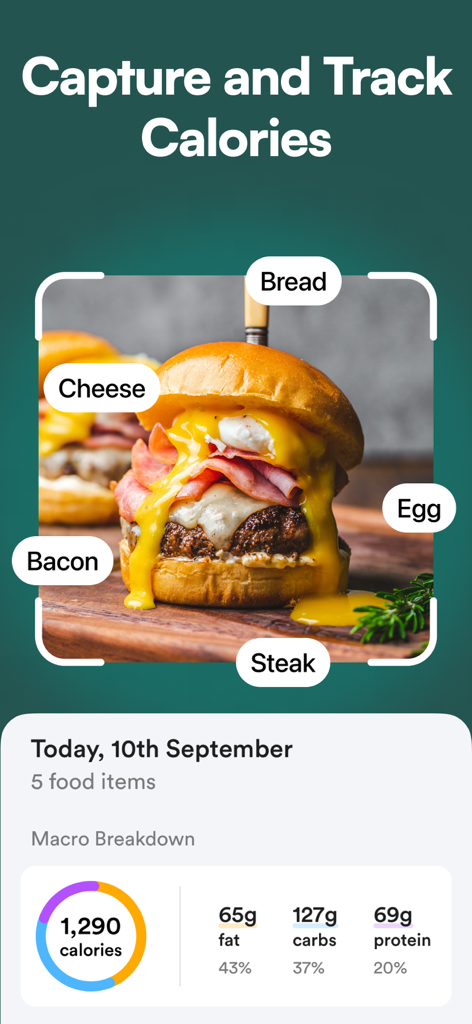Diet & Food Tracker: EatWell - EatWell app interface showing food photo recognition with calorie and macro data breakdown.