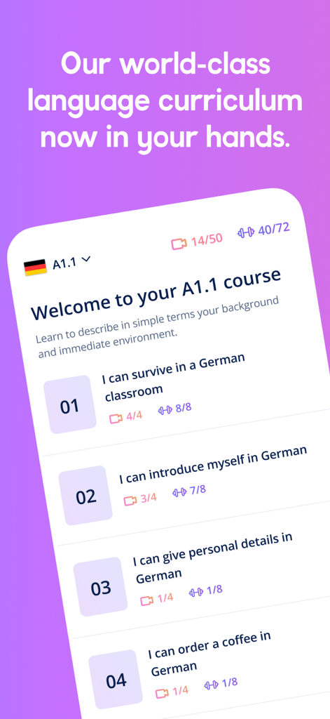 Lingoda : Language Learning - Lingoda mobile App-Oberfläche, die einen strukturierten deutschen A1.1-Lehrplan mit Lektionsmodulen anzeigt.
