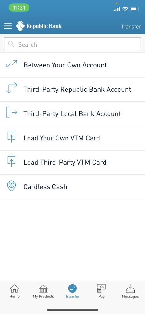 Republic Bank Mobile TT transfer screen options