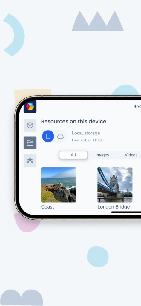 Amco CS - Interfaz de la aplicación Amco CS mostrando almacenamiento local y recursos de imagen educativos para uso en el aula