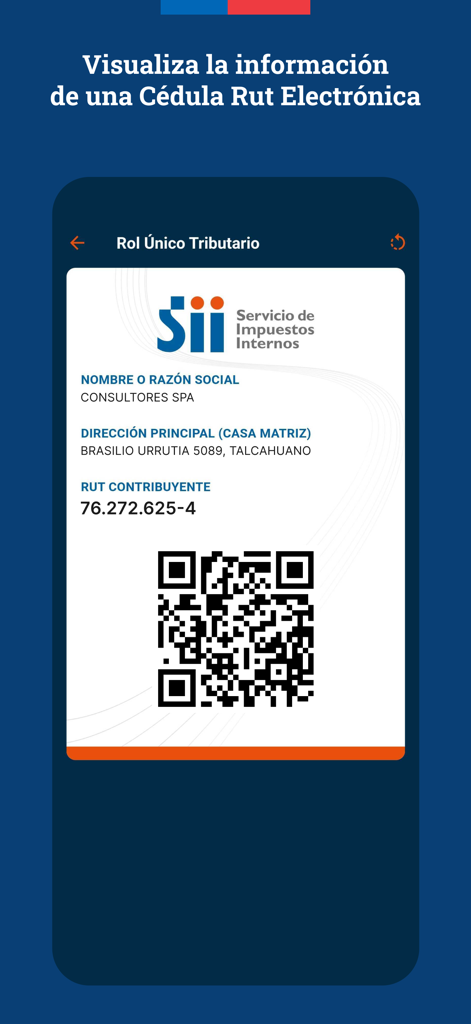 Digital Chilean tax identification card with QR code and business information displayed on the e-RUT mobile app