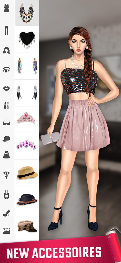 Fashion Show - Dress Up Games - A supermodel character in a sequined top and pink skirt showing fashion accessory options