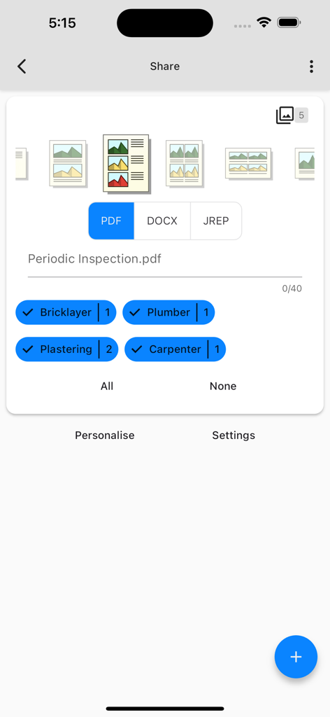 Report and Run app sharing screen showing PDF export options for an inspection report