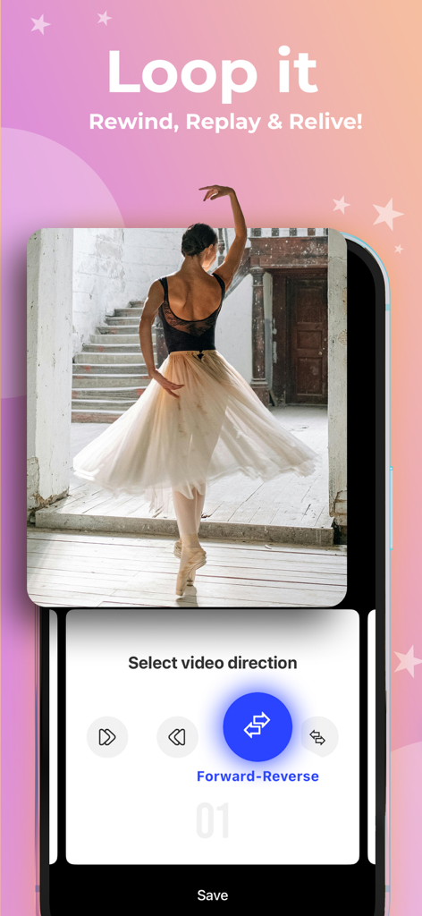 Uma interface de aplicativo móvel para Boomerang Video Maker mostrando uma bailarina em um vídeo em loop com configurações de direção para frente e para trás.