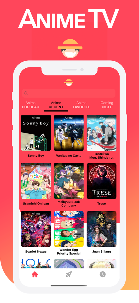 タイトルとポスターが表示された最近放映されたアニメ番組のグリッドを表示するAnime TVアプリのインターフェース。