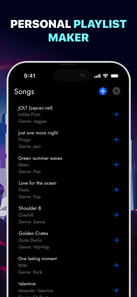 Club Lighting - Strobe Flash - Interfaz de usuario de la aplicación Club Lighting que muestra el creador de listas de reproducción personal con una lista de canciones y sus géneros