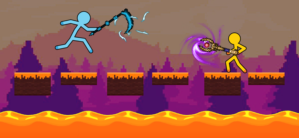 Supreme Stickman Craft Fight - Two stickman characters fighting with magical weapons on pixelated blocks over lava