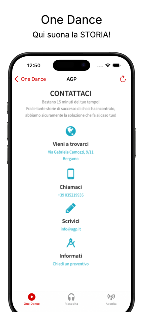 Radio One Dance - Contact page of the Radio One Dance mobile app showing address phone number and email information