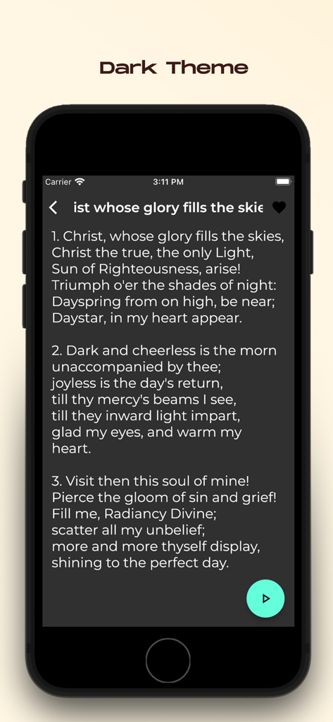 Apostolic Hymns app screenshot showing religious lyrics in dark theme mode