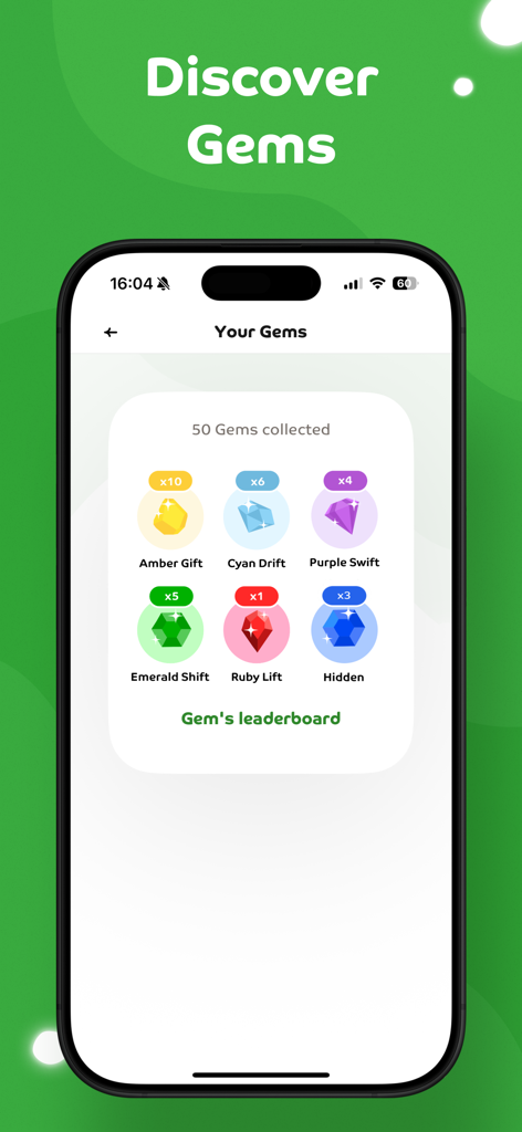 Beat the Street app screen showing a collection of earned virtual gems like Amber Gift and Ruby Lift.