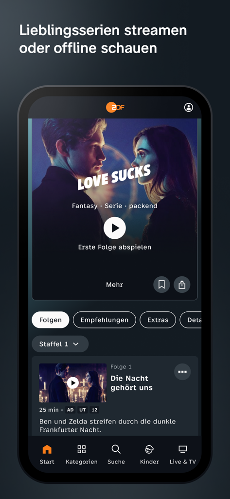 ZDF - Interfaz de la app móvil de ZDF mostrando la página de detalles de la serie Love Sucks con opciones para transmitir o ver sin conexión.