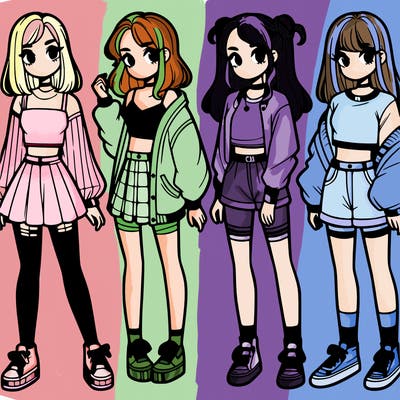 one girl with crop-top shirt and a jacket with a skirt, long socks and another girl with a shirt and pants with a jacket