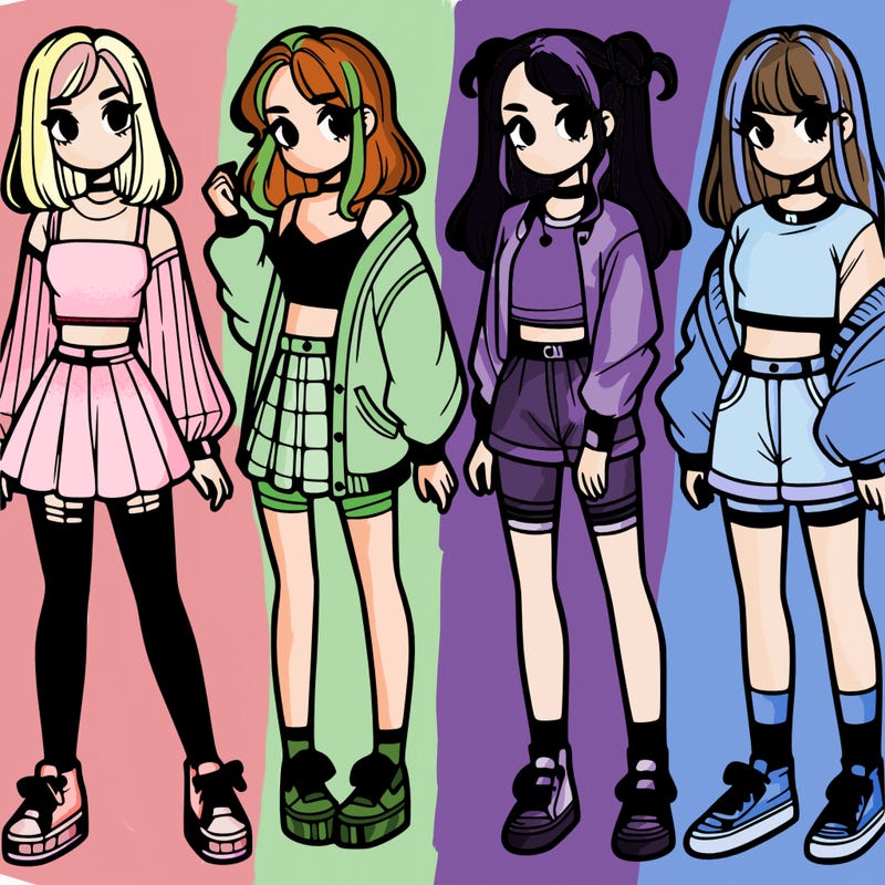 one girl with crop-top shirt and a jacket with a skirt, long socks and another girl with a shirt and pants with a jacket