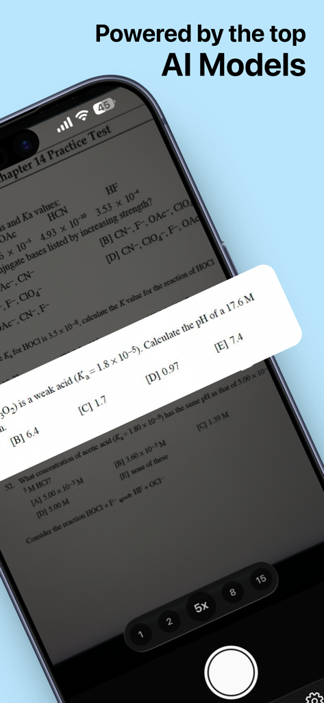 Science AI: Homework Helper - Un smartphone usando la aplicación Science AI para escanear un papel de tarea de química con preguntas de cálculo de pH.