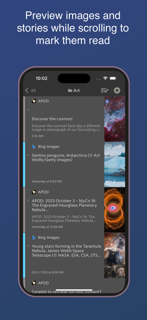 NewsBlur - NewsBlur App-Oberfläche, die einen Feed von Kunst- und Wissenschaftsnachrichten mit Bildvorschauen und Textausschnitten anzeigt.