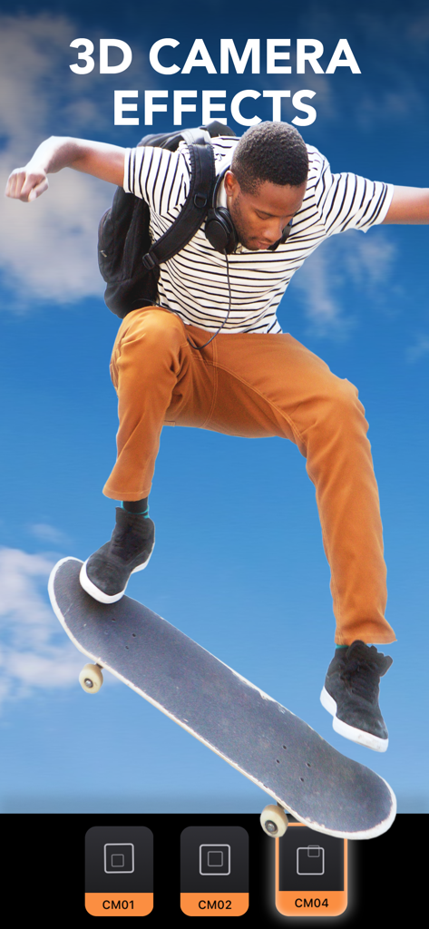 A skateboarder in mid-air demonstrating 3D camera effects in the Motionleap app.