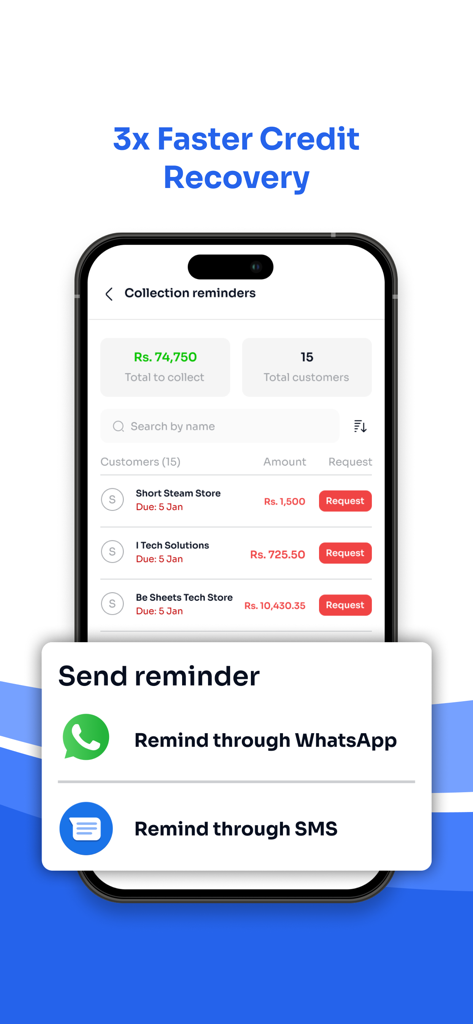 Interfaz de la aplicación Shopbook que muestra el panel de recuperación de crédito con opciones para enviar recordatorios de pago por WhatsApp o SMS