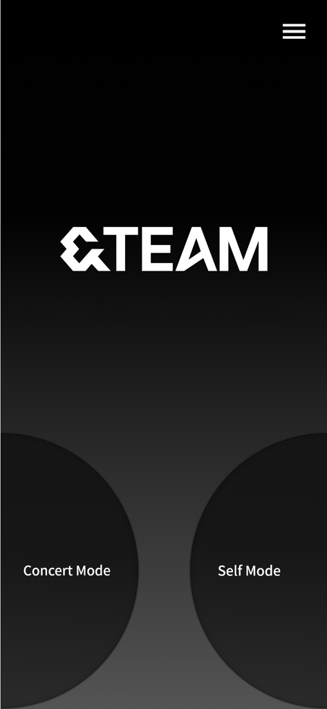 &TEAM Official Light Stick V1 - Écran d'accueil de l'application de la baguette lumineuse officielle &TEAM présentant les boutons Mode Concert et Mode Autonome sur fond sombre