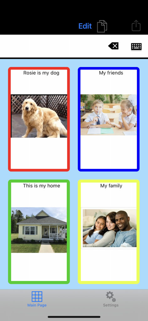 TalkTablet PRO interface showing a communication grid with custom photo buttons for dog, friends, home, and family.