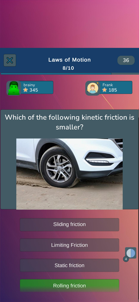 Physics Quiz - Trivia - Gameplay screen of Physics Quiz app showing a Laws of Motion question about friction with two player scores.