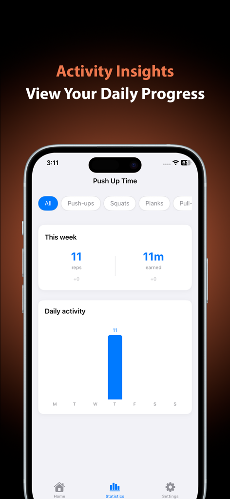 Push Up Time - Block Apps - Push Up Time app activity statistics screen showing daily reps and earned time charts