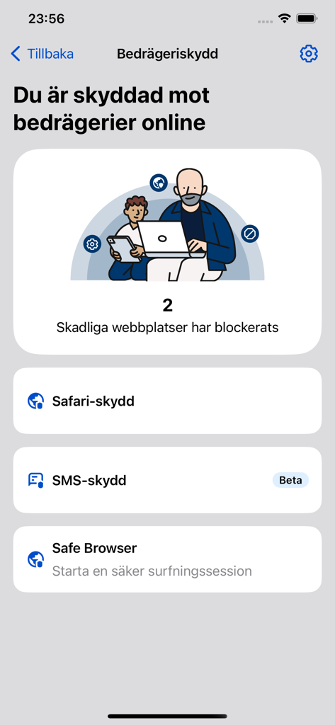 Tele2 Saker app interface showing online fraud protection settings and a report of blocked malicious websites