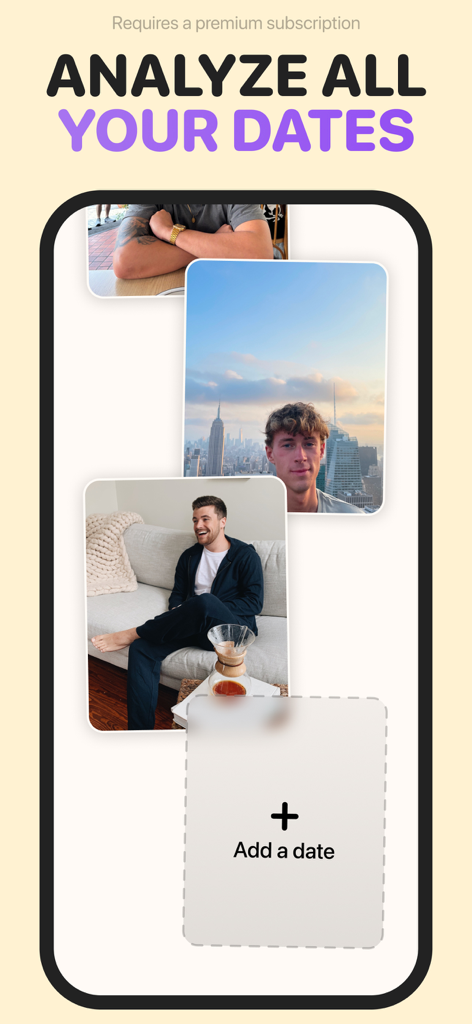 TeaOnHim mobile app screen showing the Analyze All Your Dates feature with profile photos and an add date button