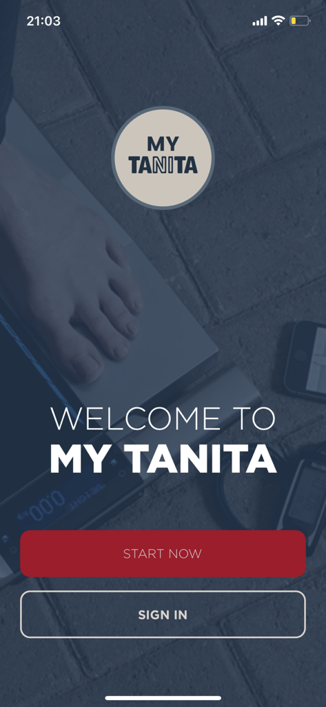 My TANITA – Healthcare App - Welcome screen of the My TANITA app with options to start now or sign in