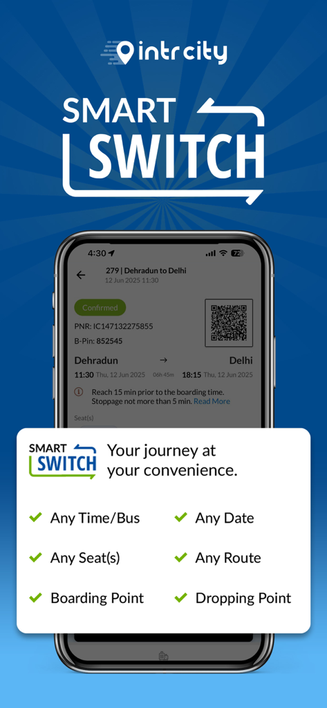Interface do aplicativo IntrCity SmartBus mostrando o recurso Smart Switch, que permite alterações flexíveis de horário, data, assentos e rota do ônibus.