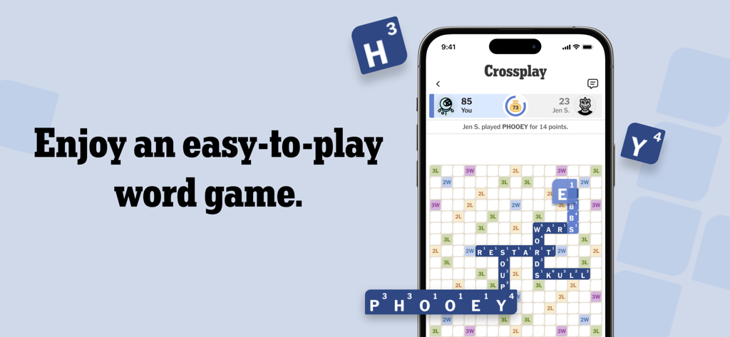 NYT Crossplay app interface showing a minimalist word game board on a smartphone screen