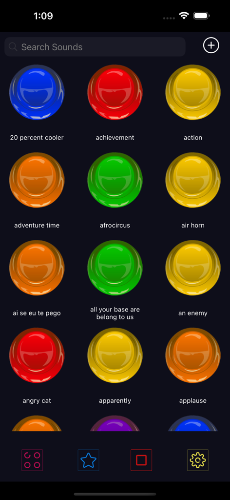 iButton Sounds - A mobile app interface showing a grid of colorful buttons for different sound effects like air horn and applause.
