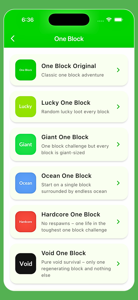 One Block : Maps for Minecraft - A list of various One Block Minecraft survival map options in the app interface
