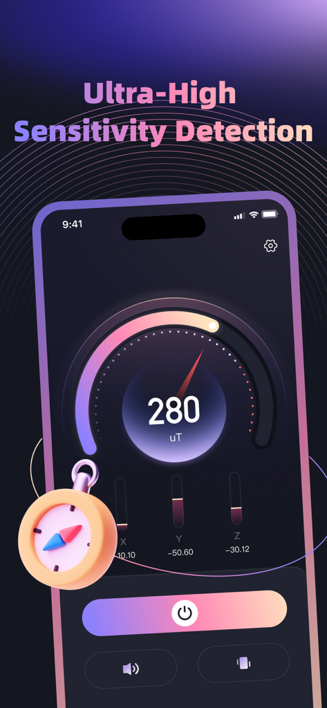 Metal Detector EMF+ - Smartphone screen showing the Metal Detector EMF app interface with a magnetic field gauge measuring 280 microteslas and high sensitivity detection