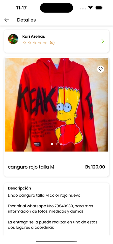 Solia Ser - Página de detalles del producto en la app Solia Ser mostrando una sudadera roja con un gráfico de Bart Simpson en venta.