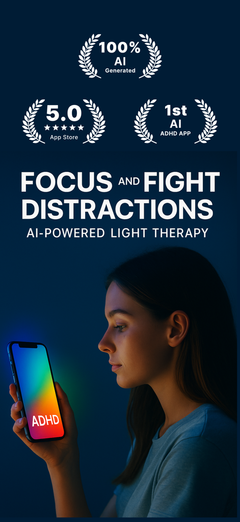 RelaxColors: Light Therapy AI - Una mujer usando la aplicación de terapia de luz IA RelaxColors para concentrarse y combatir las distracciones.