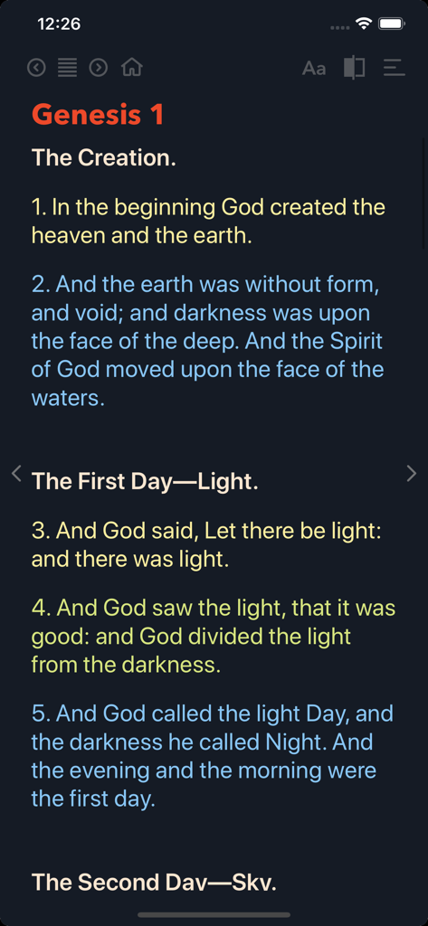 Reading interface of Bible ProStudy app displaying Genesis chapter one in a dark theme