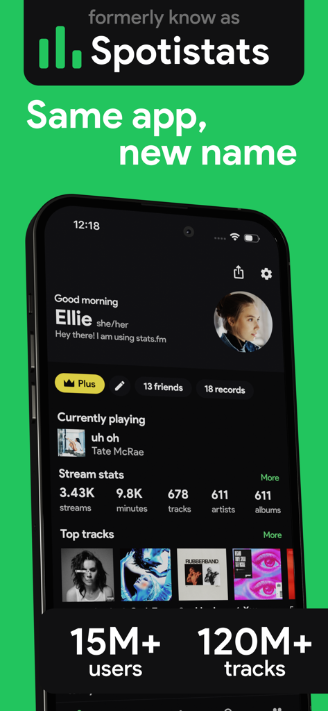 stats.fm for Spotify Music App - Interfaz de la aplicación móvil de stats.fm para Spotify mostrando estadísticas de reproducción del usuario y canciones principales