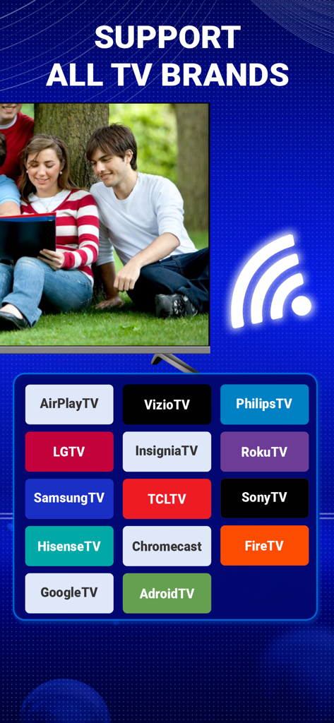 Interface do aplicativo AirPlay Mirroring mostrando suporte para as principais marcas de TV