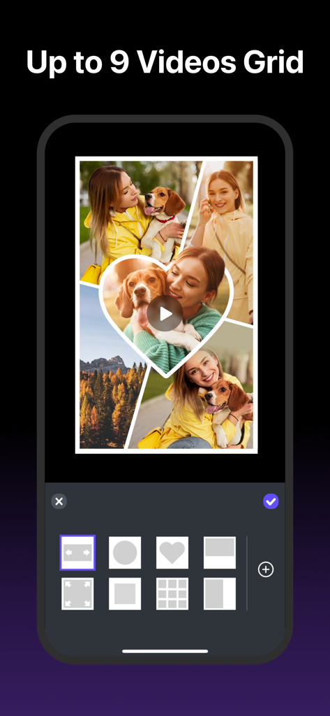 AI Video Maker - Viral Effects - Mobile app interface showing a heart shaped video collage with various grid layout options