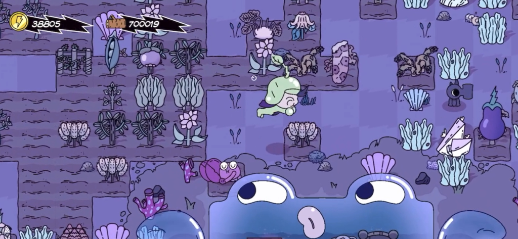 A screenshot of Super Farming Boy flying over stylized crops during an underwater season with action RPG elements