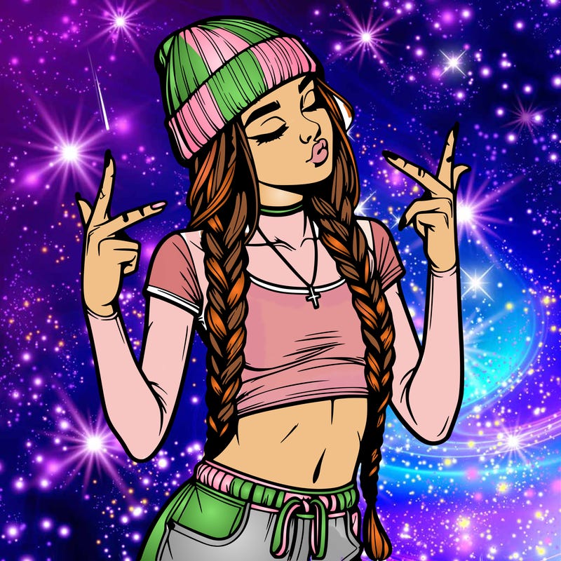 realistic teenage girl with braids and a beanie and crop top doing 🫶🏼