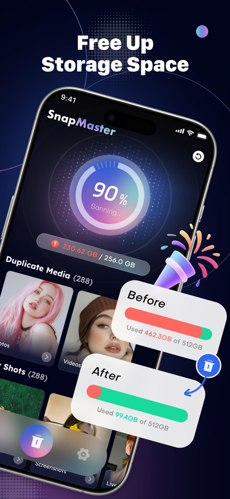 SnapMaster: Storage Cleaner - SnapMaster app interface showing storage cleaning progress and a comparison of used space before and after cleaning