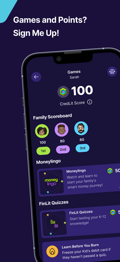 Goalsetter: Invest & Bank - Interface do aplicativo Goalsetter apresentando questionários de literacia financeira e um placar familiar.