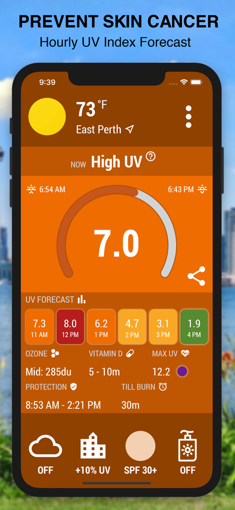 UV Index Now - UVI Mate - UV Index Now app dashboard displaying hourly UV radiation levels and skin protection advice