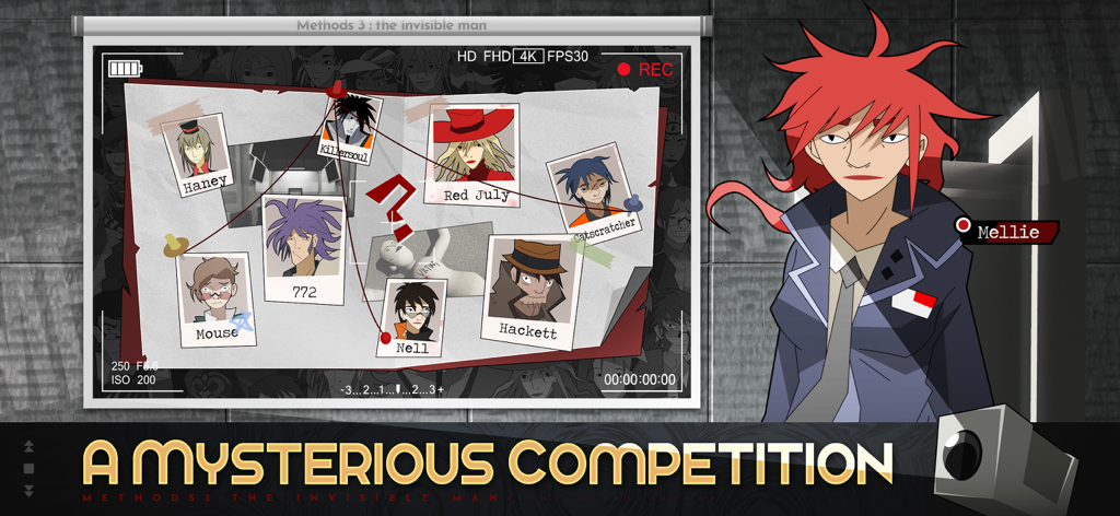 Methods 3: The Invisible Man - A character named Mellie stands next to a detective investigation board displaying suspect photos and crime scene details.