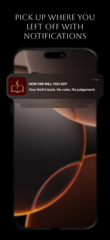 StoryLab AI: Limitless Stories - Smartphone push notification from StoryLab AI app inviting the user to continue their private stories without judgment.