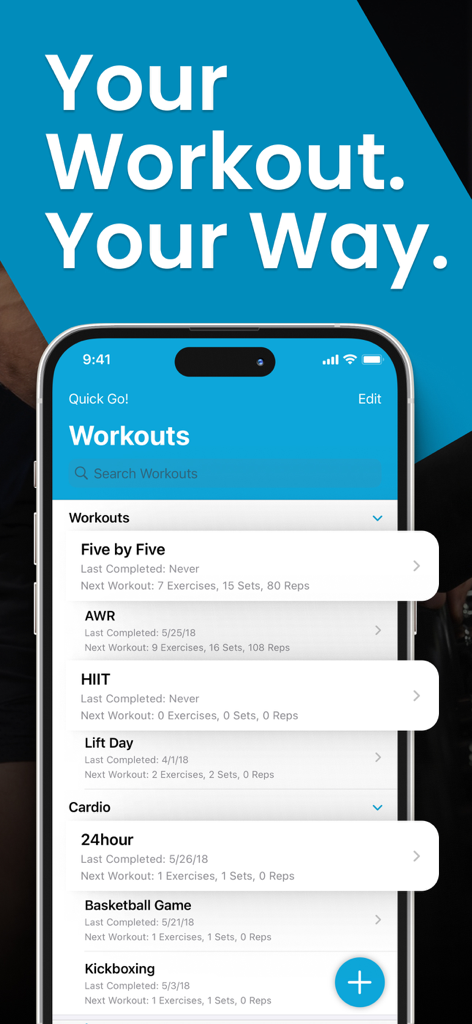 App FitNotes che mostra un elenco personalizzabile di allenamenti di forza e cardio