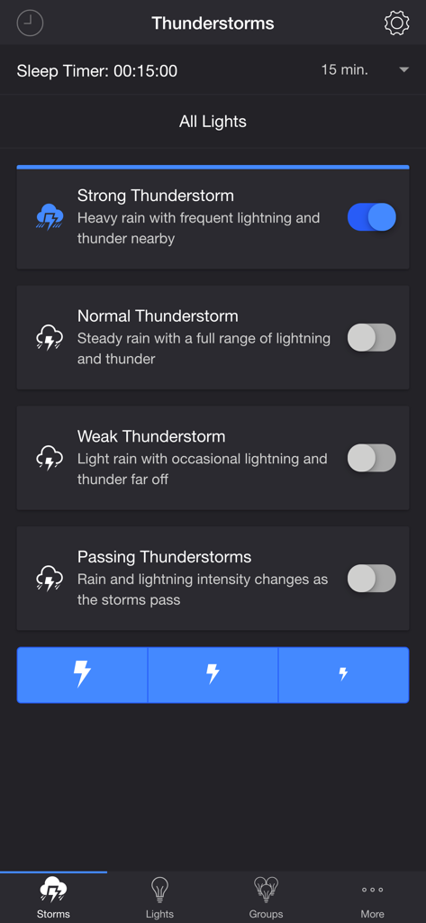 Thunderstorm for LIFX app interface showing various storm intensity settings and sleep timer