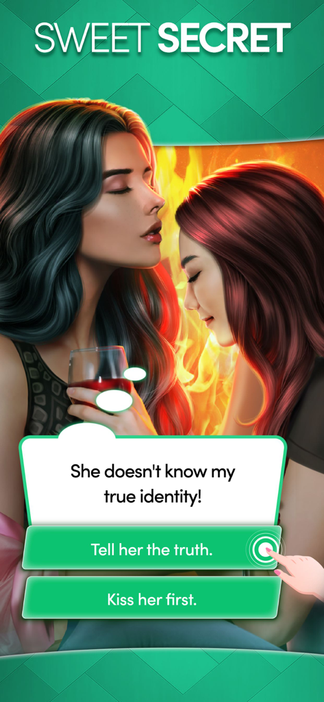 Two women in a romantic interactive story scene with multiple choice options